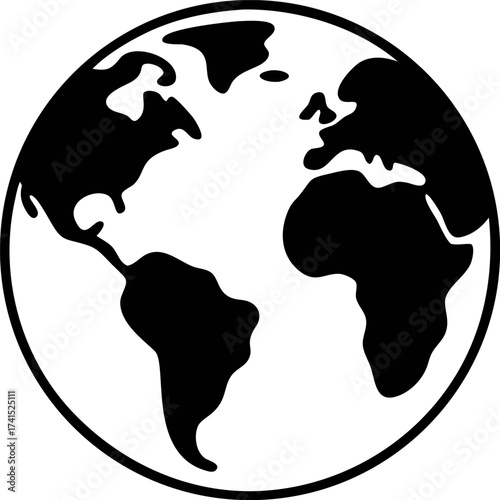 Black and white illustration of planet Earth seen from space, symbolizing global connection and worldwide exploration. A simple, clear representation of our planet