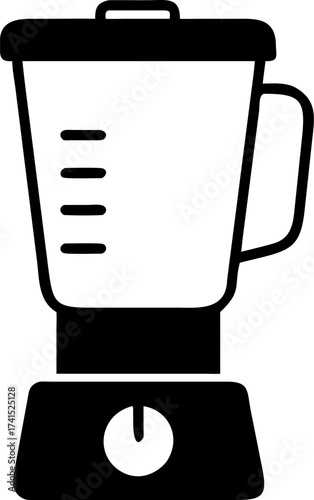 Household kitchen appliance with power button and measuring lines on a jug, a symbol of making smoothies or other blended drinks