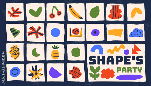 Collage with weird naive doodle combines rough scribble fun. Trendy quirky childish scrapbook shows cubism with banana fruit. Rainbow pineapple, cherry, and abstract shapes highlight colorful geometry