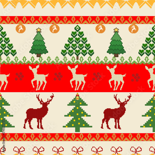 Christmas holiday elements reindeer, Christmas trees, and sleighs. Ideal for festive gift wrapping, textile design, winter wallpaper, or ugly sweater prints. Traditional knit classic styles included.