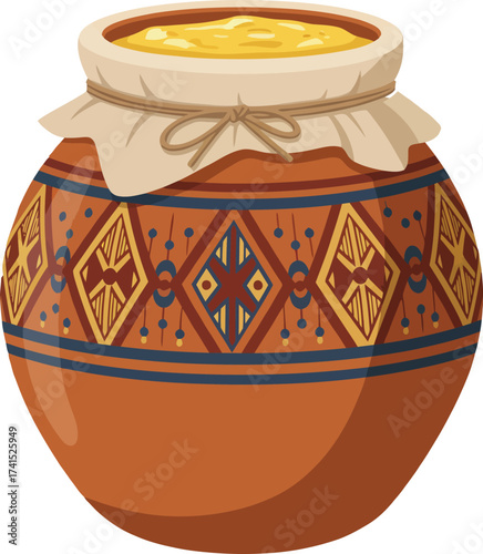 A beautifully decorated traditional Moroccan Tagine pot filled with rich, golden Amlou, a delicious almond and argan oil dip, a gourmet North African breakfast spread.