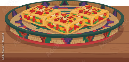 Delicious traditional Ethiopian Kitcha Fit-Fit, a savory dish made with torn flatbread, a vibrant vegetable mix, and flavorful sauce, served on a colorful Mesob platter.