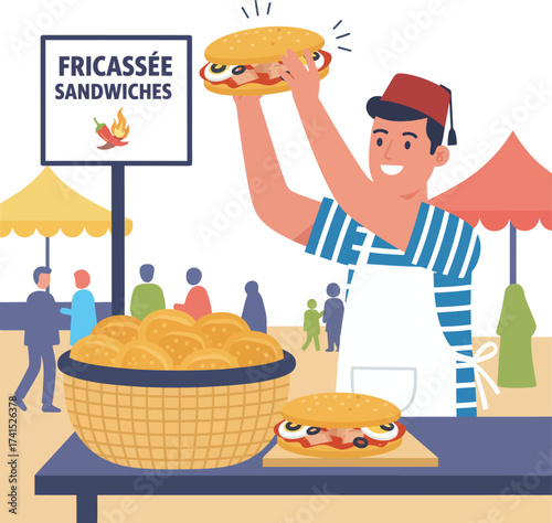 A friendly vendor at a street food market stall selling traditional Tunisian Fricassée sandwiches, a delicious savory fried doughnut with tuna, eggs, and olives.