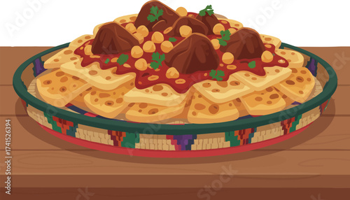 A traditional Ethiopian dish of Chechebsa, or Fit-Fit, with torn flatbread, a savory meat stew, and chickpeas, a popular and hearty meal for breakfast or lunch.