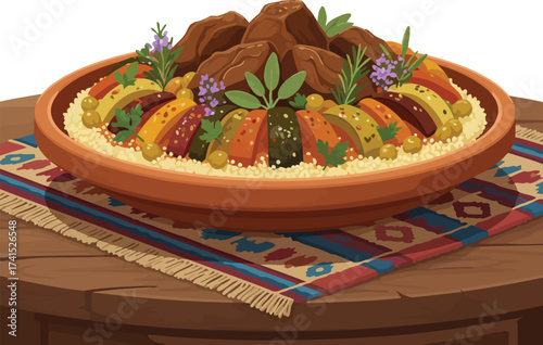 A large platter of authentic Moroccan couscous with tender lamb and seven vegetables, a traditional gourmet feast for celebrations, served in a classic earthenware dish.