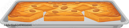A metal tray of delicious homemade baklava with some pieces served, showcasing the rich layers of phyllo pastry, honey syrup, and almonds of this traditional dessert.