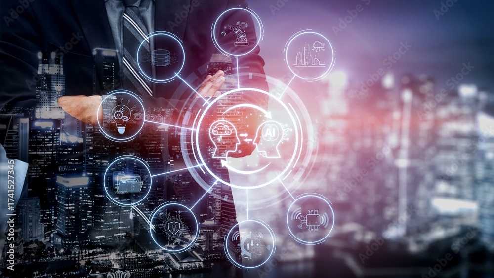 Obraz premium AI collaboration and connectivity enhance AI, system, and connectivity by linking data, automation, and digital networks in a seamless process Marrow