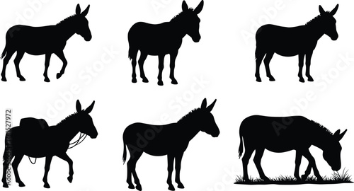 Donkey Silhouette Vector Collection Featuring Grazing, Saddled, Standing, and Walking Poses for Farm Animal, Riding, and Wildlife Design Use