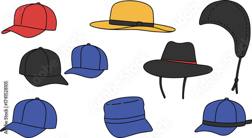 Collection of Various Hats Including Baseball Caps, Wide-Brim Hats, Bucket Hats, and Visors for Fashion, Outdoor, and Casual Wear Designs