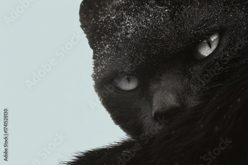 Close up of black cat with snow on fur