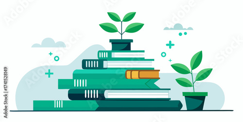 Books stacked with green plants growing on top symbolizing knowledge and growth