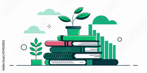 Stack of colorful books with potted plants growing on top representing knowledge, education and sustainability
