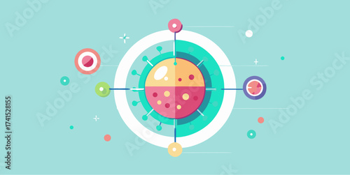 Colorful abstract illustration of a virus or cell structure under a microscope with connected elements