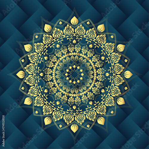 Luxury Gold Floral Mandala on Navy Blue Quilted Background. Elegant vector illustration featuring an intricate gold ornamental pattern over a sophisticated geometric texture.