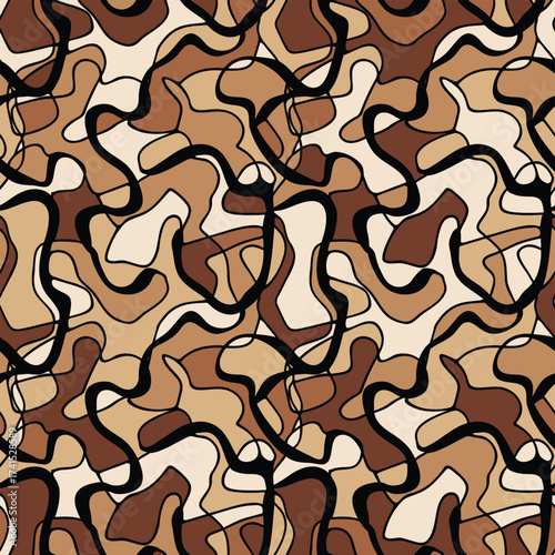 Abstract seamless pattern with flowing organic shapes in various shades of brown and beige, outlined in black, creating a stylish earth-tone camouflage design.