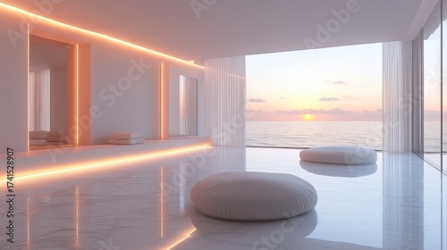 Modern minimalistic interior with view of sunset over ocean