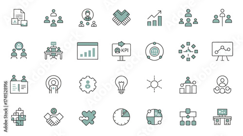 A set of flat vector icons for web and mobile design with symbols for technology, business, finance, and social internet use