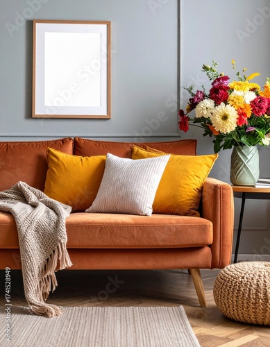 Cozy Living Room Interior with Brown Sofa and Floral Arrangement.