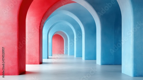 Vibrant Arched Hallway with Red and Blue Walls in Modern Architecture
