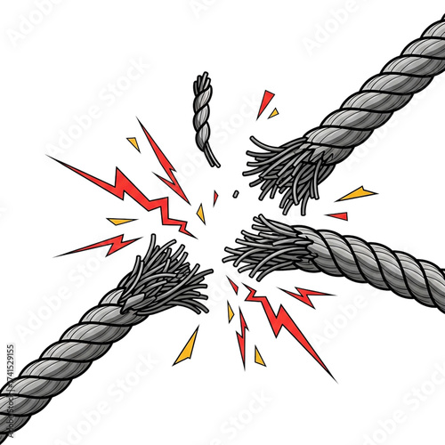 Frayed Rope Snapping Apart Symbolizing Stress and Tension Isolated on White Background