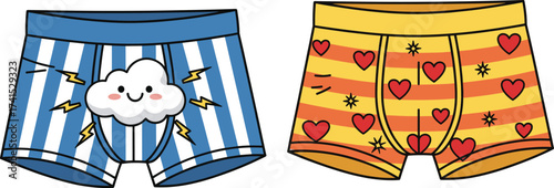 Playful Cartoon Boxer Shorts Design Featuring Cloud with Lightning and Heart Pattern, Fun Fashionable Underwear Illustration for Kids and Adults.