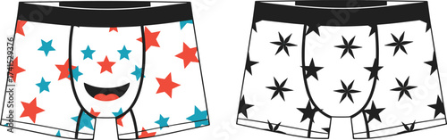 Playful Men's Boxer Shorts with Colorful Star Pattern and Smiley Face Design, Perfect for Casual, Loungewear, and Fun Fashion Illustration