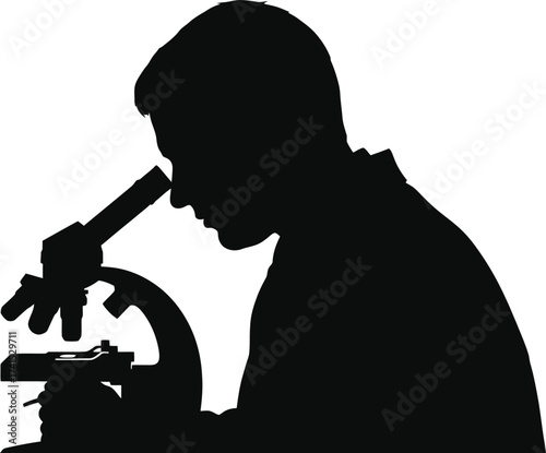 Silhouette of scientist working with microscope research and discovery concept