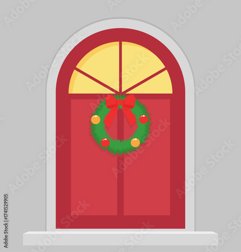 A front door decorated with Christmas wreath of pine branches with colored balls and a red ribbon bow. Vector image. 