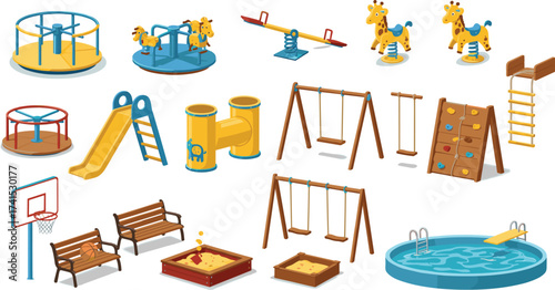 Colorful Children Playground Vector Set with Swings, Slides, Merry-Go-Rounds, Sandboxes, Climbing Structures, Pool, Benches, and Tunnel Toys