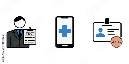 Illustration showing a man with clipboard a phone with plus sign and id card with access label , illustration