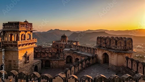 Ancient Fortress at Sunrise in India with Golden Light and Stone Walls