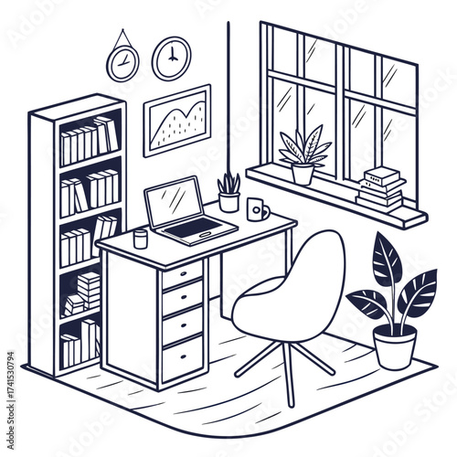 Isometric view of a home office desk with bookshelf and window