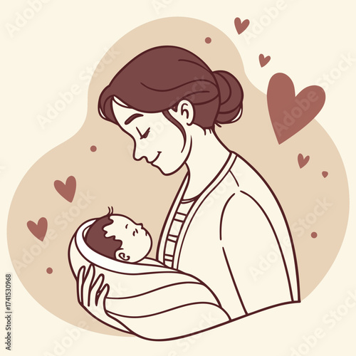 Mother and Baby Embrace with Hearts infant holding