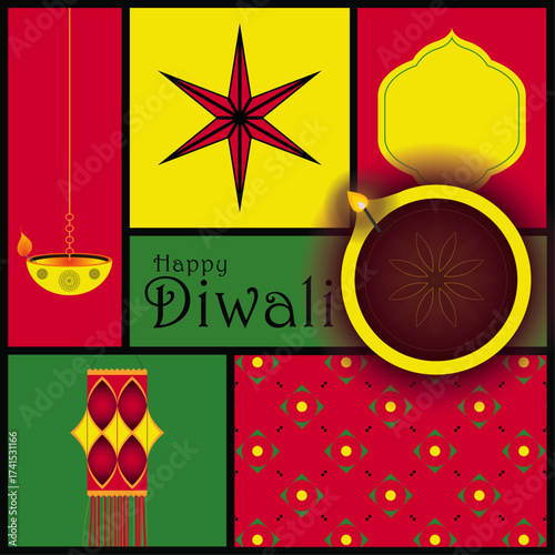 Happy Diwali Festival Vector with Diya and Lanterns