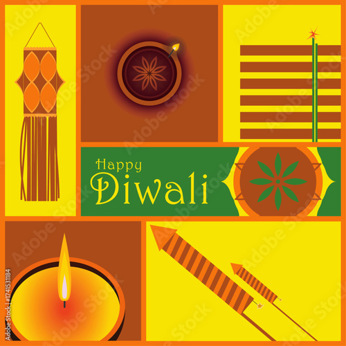 Happy Diwali Festival Vector with Diya and Lanterns