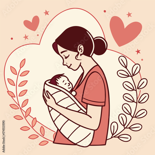Mother Holding Newborn Baby with Hearts and Leaves