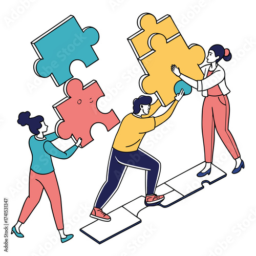 People assembling puzzle pieces with teamwork collaboration