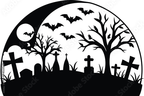 Horror Halloween night sky illustration with scary pumpkin and bats silhouette near a dark cemetery landscape vector design