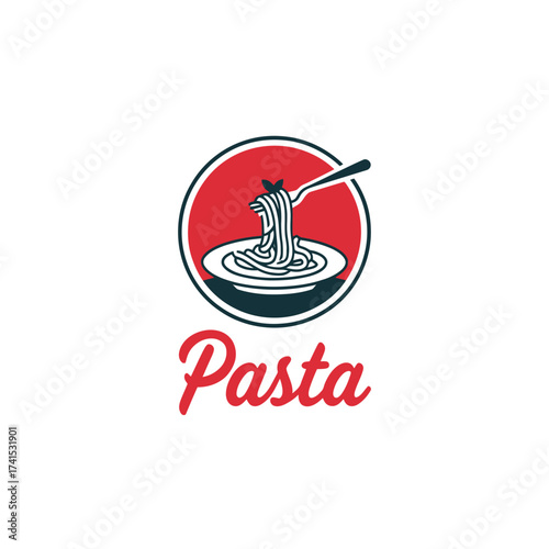 Vector art of logo with a fork twirling spaghetti in a bowl and the word pasta below