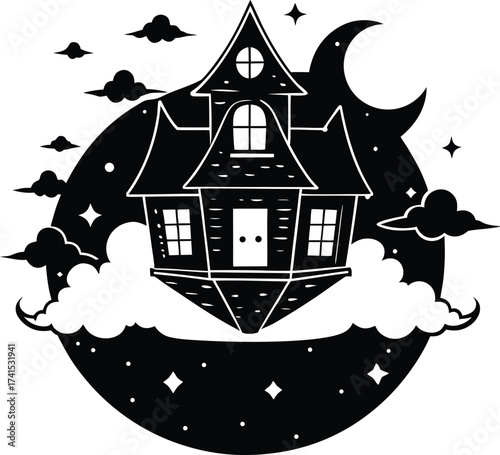 Spooky haunted house silhouette with bats, moon, and tree on a dark hill at night, perfect for a Halloween vector illustration