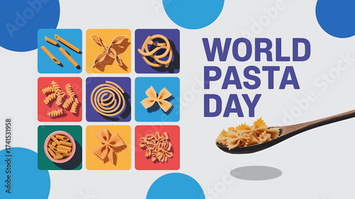 Vector art of world pasta day celebration featuring a grid of different pasta shapes and a spoon full of pasta on a blue and