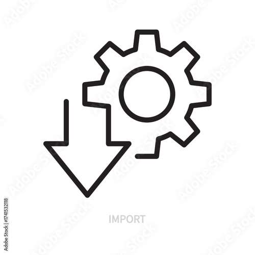 Import line icon. Settings concept. Cogwheel, gear, down arrow symbol. Isolated on a white background. Editable stroke. Flat design. Vector illustration.