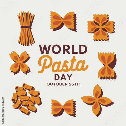 Vector art of world pasta day illustration with various pasta shapes and text celebrating october 25th