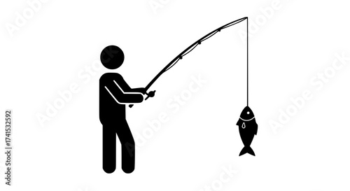 Man with fishing rod catch black white icon 