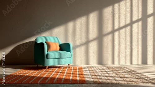 An aqua armchair with an orange pillow sits on a striped rug; window light casts shadows on a wall