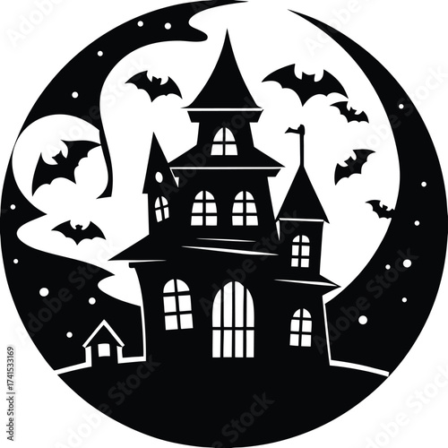 A scary haunted house silhouette against a night moon with bats and pumpkins is a spooky Halloween vector illustration