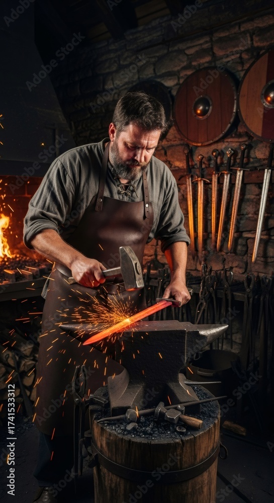 Fototapeta premium Man blacksmith forging hot metal on anvil in an ancient workshop with sparks flying. Crafting medieval weapon or tool for battle or war concept.