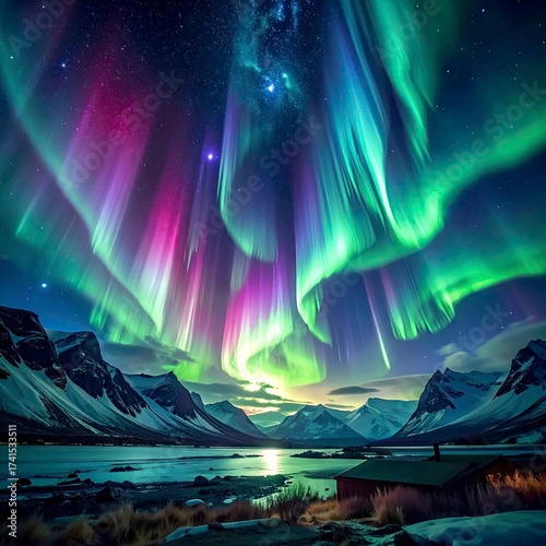 Aurora Borealis Over Snowy Mountains - A Nighttime Spectacle.