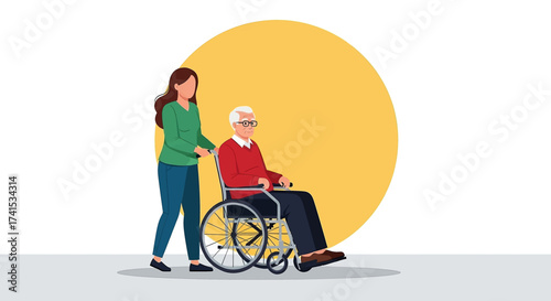 Caregiver pushing elderly man in wheelchair, healthcare concept