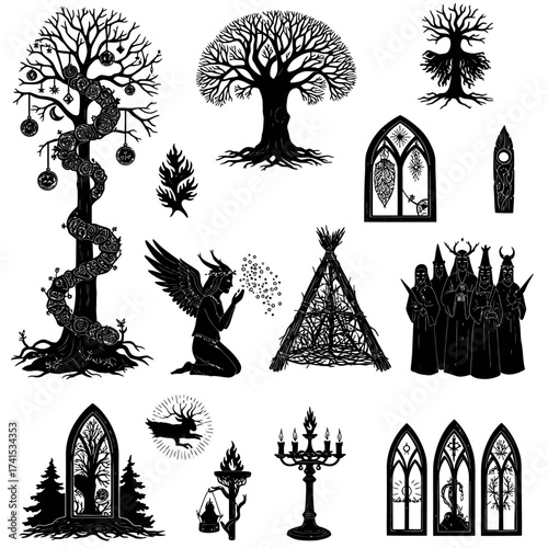 Enchanted Forest Illustration Set – Vector Elements Including Tree, Bird, Fairy, Teepee, and Gothic Arches


